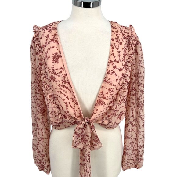Bardot Floral Wrap Tie-Front Long-Sleeve Blouse Pink Red Size US 8 Medium - Picture 2 of 16